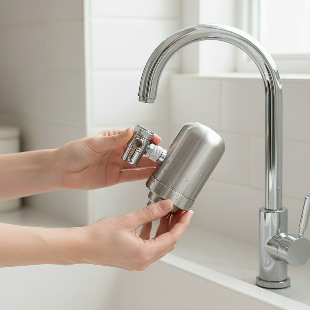 Famille utilisant un filtre à eau Eauria installé sur un robinet, montrant les économies réalisées en évitant l’achat de bouteilles.