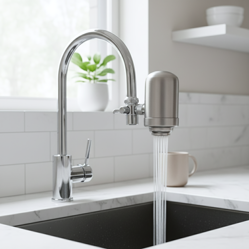 Filtre Eauria installé sur un robinet, remplaçant les bouteilles plastiques du quotidien.