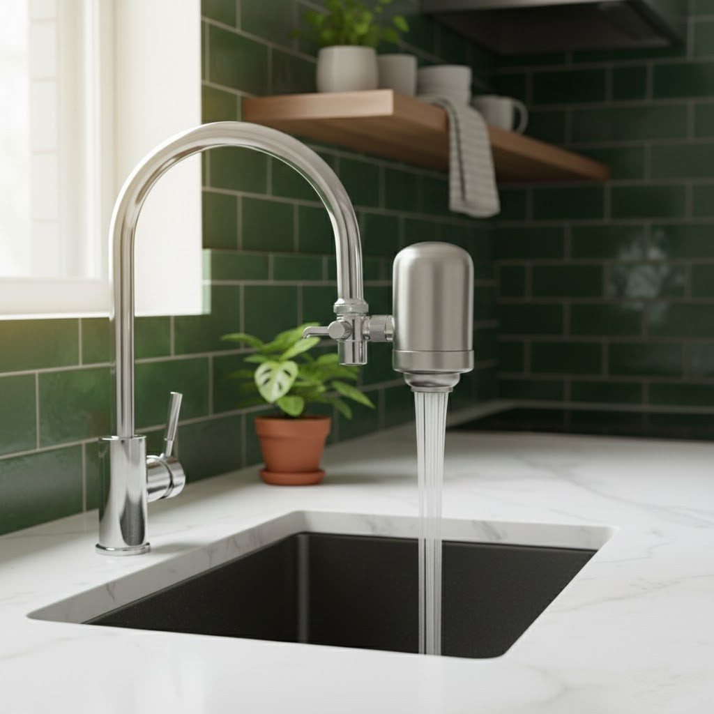 Filtre à eau installé sur un robinet de cuisine moderne, laissant couler une eau claire et filtrée dans l’évier.