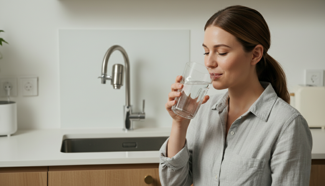 filtre Eauria fixé au robinet de cuisine, remplaçant les bouteilles en plastique visibles en arrière-plan pour illustrer un mode de consommation plus durable.