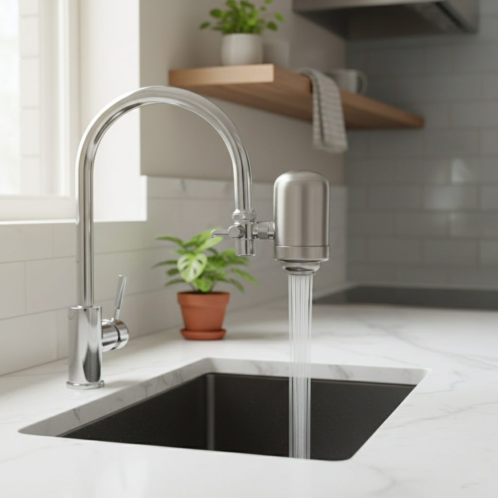 Filtre à eau installé sur un robinet dans une cuisine moderne, laissant couler une eau claire dans l’évier.
