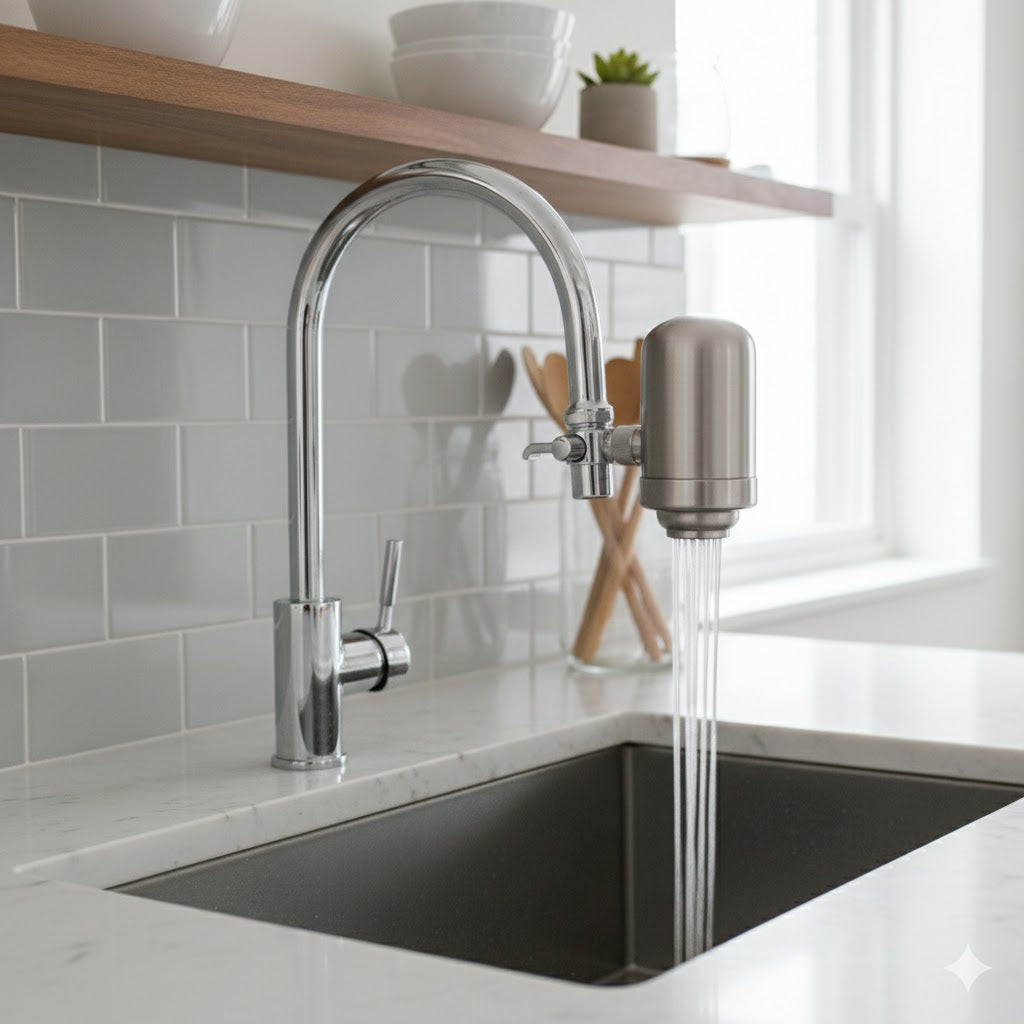 Robinet de cuisine avec un filtre installé, illustrant les impuretés que l’eau peut contenir malgré les traitements municipaux.