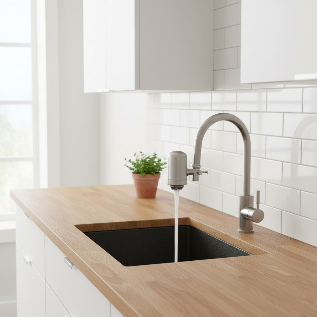 Filtre à eau simple installé sur un robinet dans une cuisine moderne, produisant une eau claire et agréable à boire.