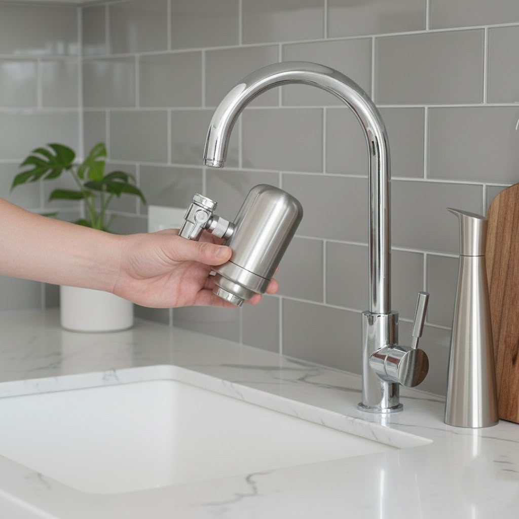 Installation d’un filtre à eau sur un robinet, montrant les étapes clés pour éviter les erreurs courantes.