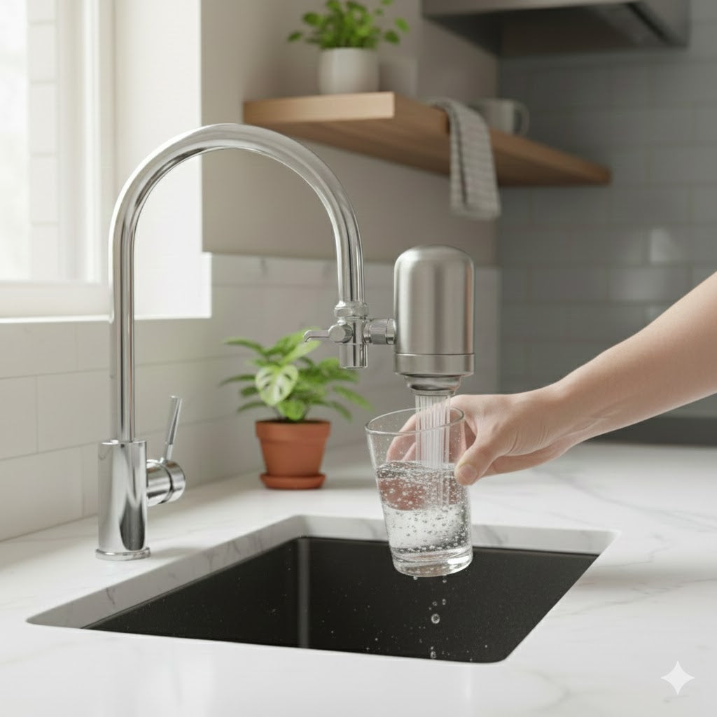 Cafetière et tasse de thé préparées avec de l’eau filtrée provenant d’un filtre installé sur un robinet.