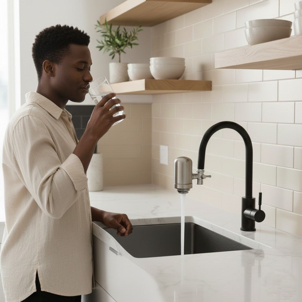 Filtre à eau installé sur un robinet de cuisine moderne, permettant de réduire l’usage du plastique et les déchets au quotidien.