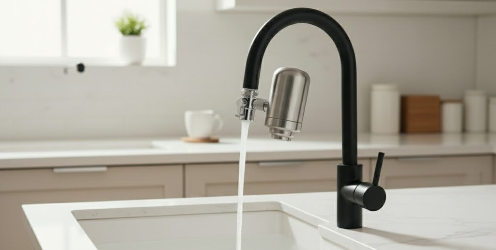 Filtre à charbon actif Eauria fixé sur un robinet, illustrant une eau plus claire et plus naturelle.