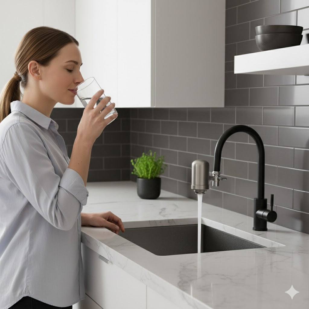 Verre d’eau filtrée Eauria posé à côté d’une bouteille plastique pour comparer les deux types d’eau.